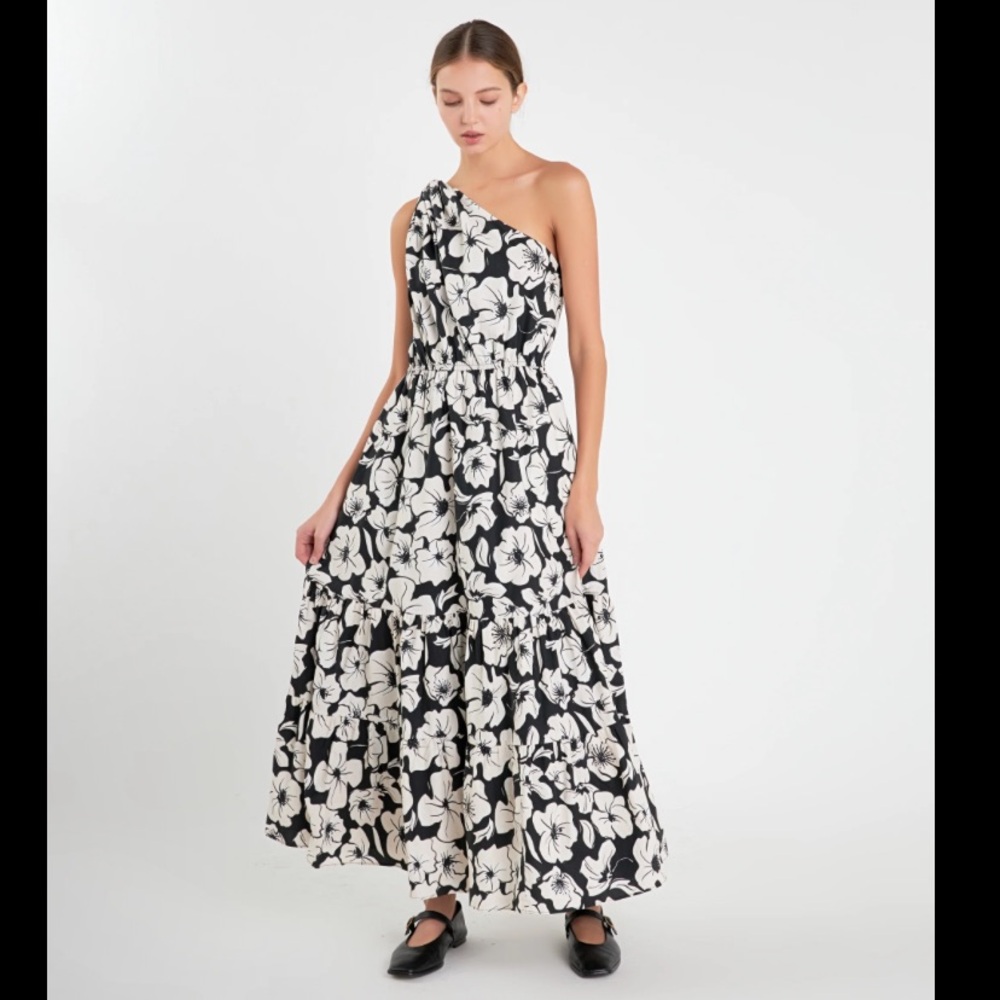 English Factory One Shoulder Floral Dress in Black and White